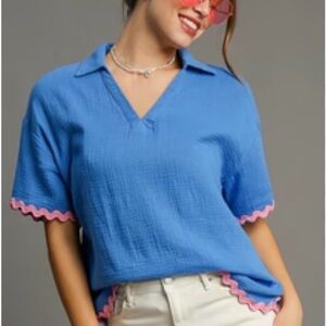 Umgee Blue Blouse with Pink Ric Rac - M
